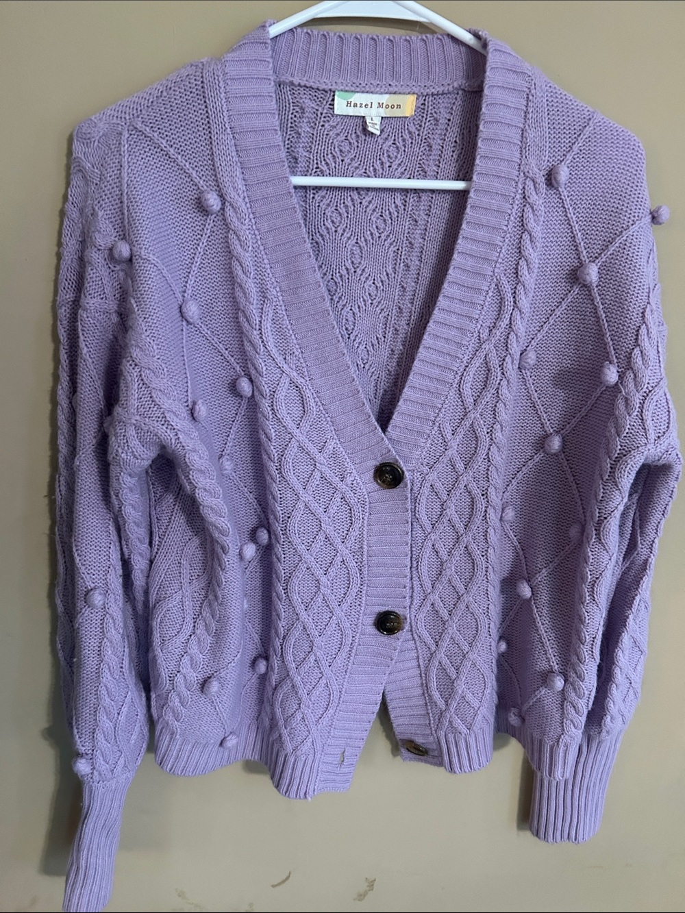 Hazel Moon Lilac Cable Knit Cardigan with Bobble Detail